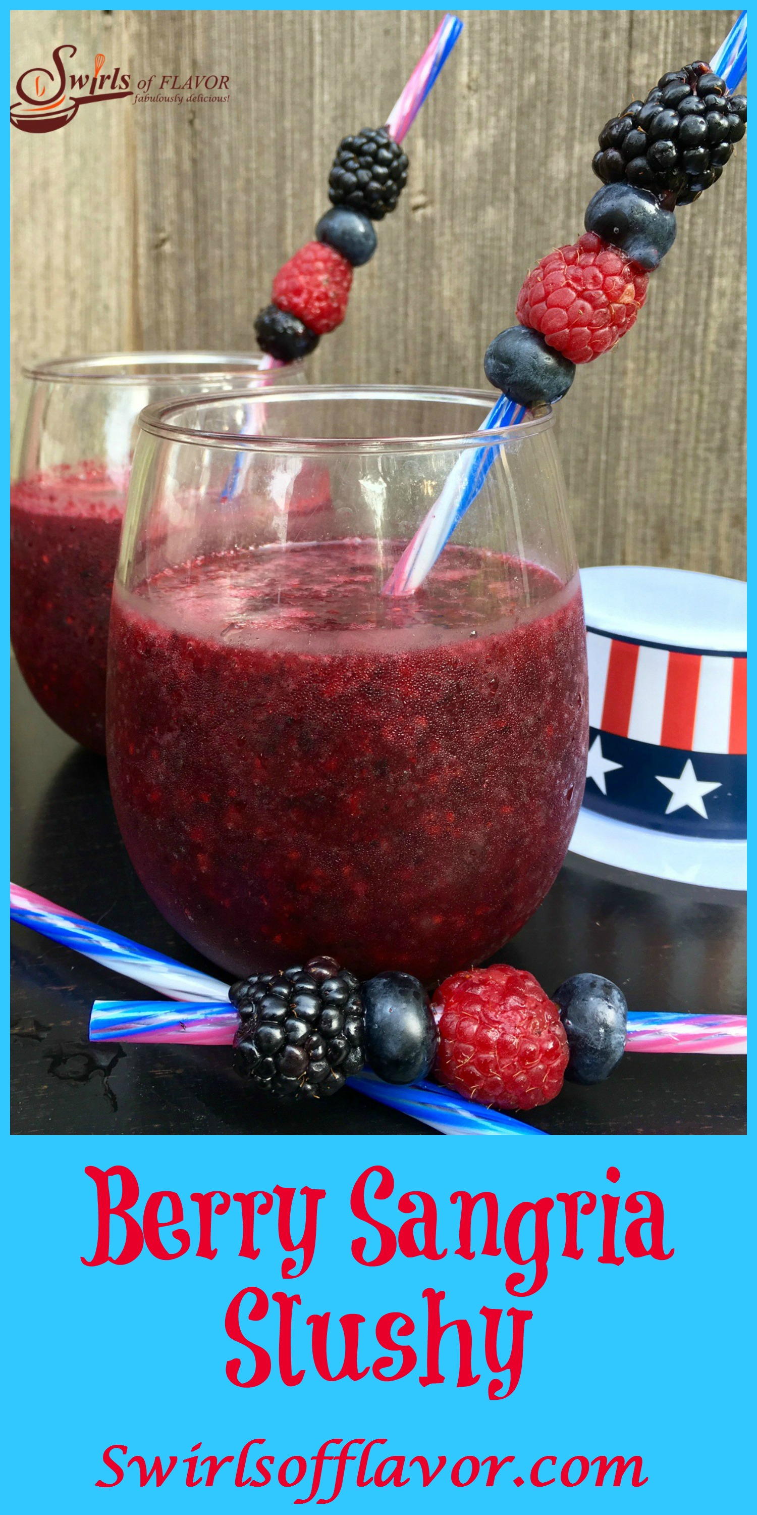 A bottle of sangria and your favorite frozen berries are all it takes to whirl up your favorite childhood summertime beverage with an adult twist! Berry Sangria Slushy for the kid in you! slushy | wine | sangria | berry | frozen | drinks | cocktails | barbecue | entertaining | July Fourth | #swirlsofflavor