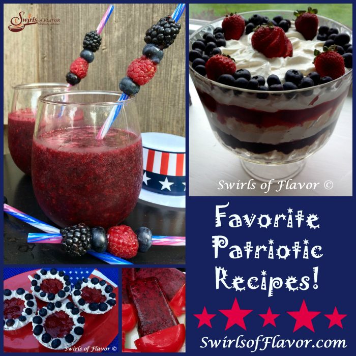 Everyone loves Red White and Blue recipes on your patriotic celebration table! Berry Sangria Slushy. Red White 7 Blueberry Trifle, No-Bake Berry Tartlets and Blueberry Pomegranate Ice Pops are all-time favorites! ice pops, trifle, berry, wine slushy, no-bake, tartlets