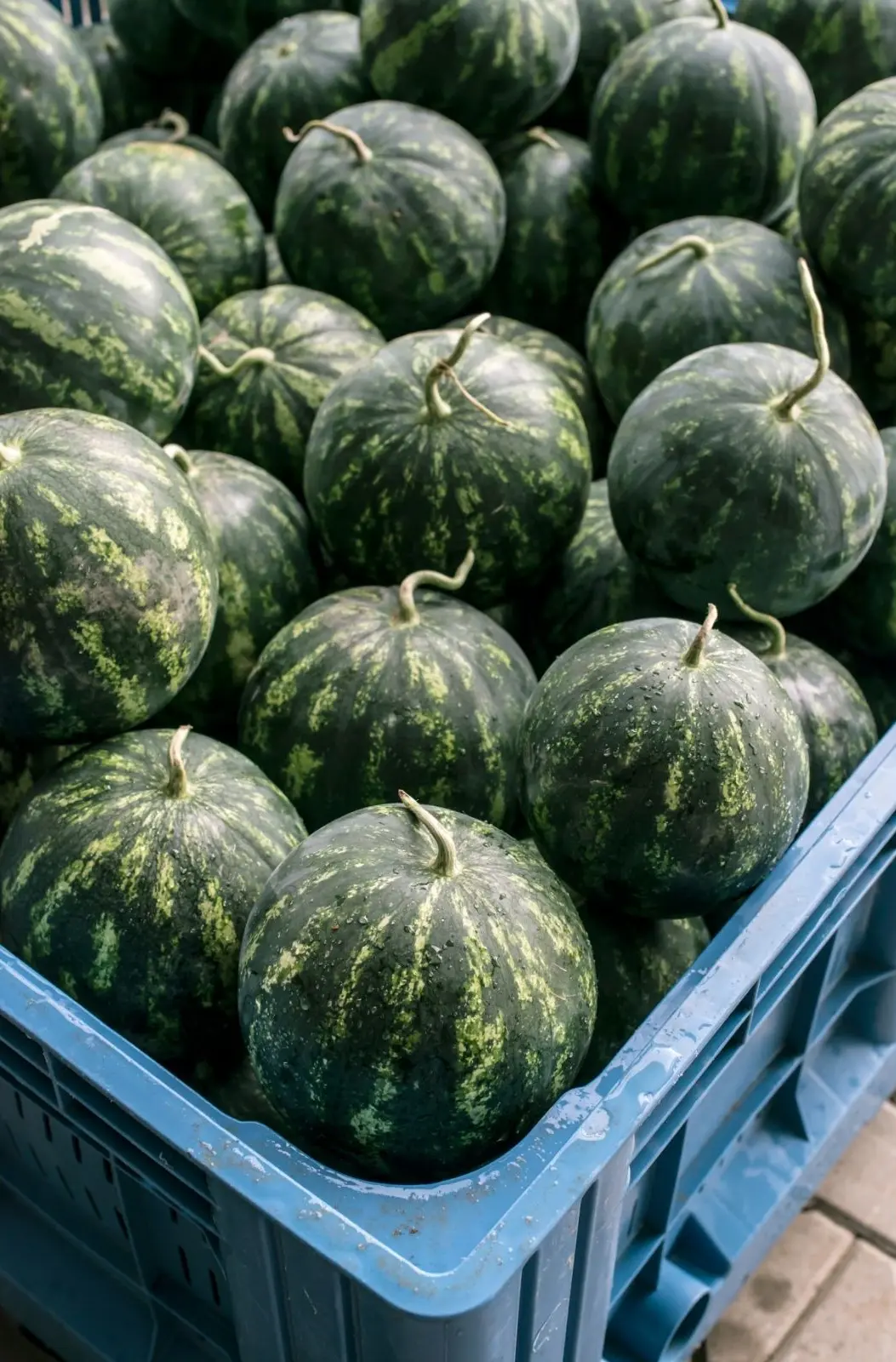 watermelons in a blue crate