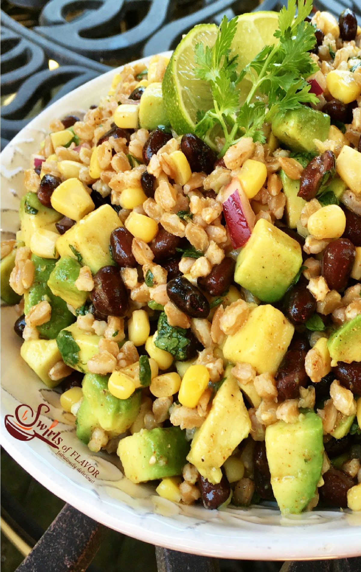 close up of farro summer salad recipe