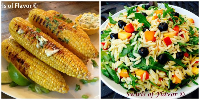 Corn with cilantro lime butter and blueberry peach orzo