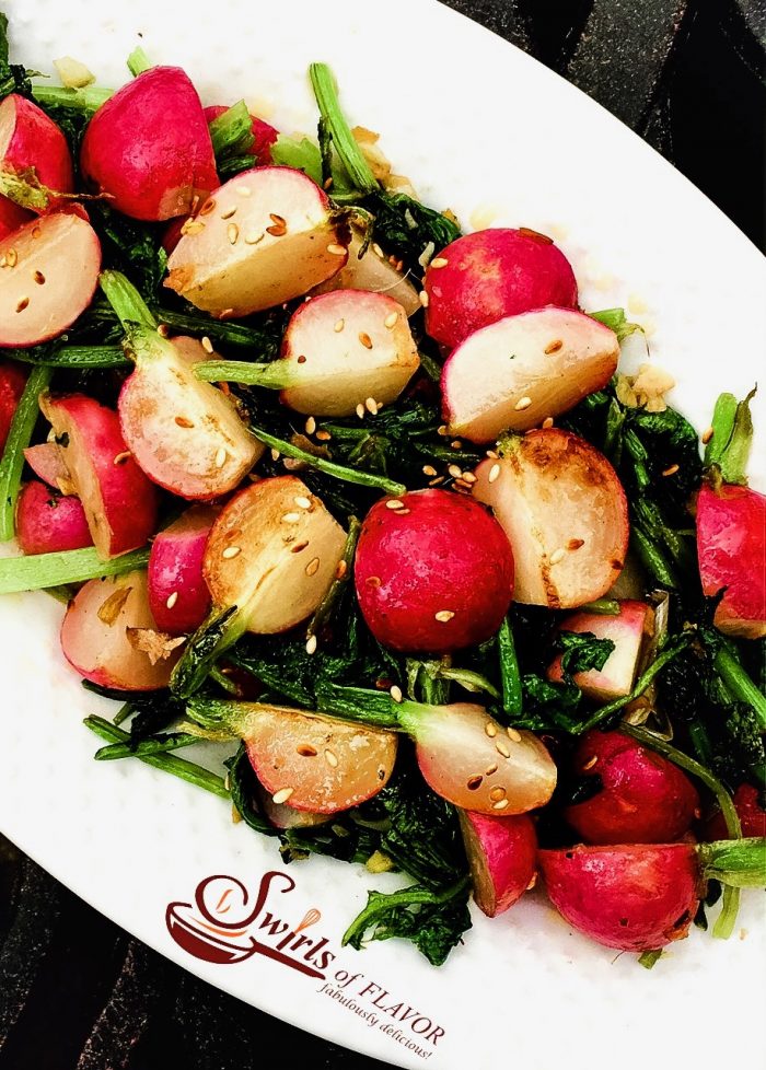 Sesame Ginger Radishes are gently sauteed in a buttery garlic ginger mixture and finished with a drizzle of toasted sesame oil for a tasty summer side dish! 