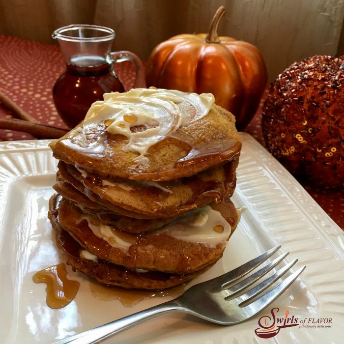 When National Pancake Day meets Pumpkin Spice season Pumpkin Spice Pancakes seasoned with pumpkin puree and pumpkin pie spice are born! Delicious for breakfast or for breakfast for dinner, Pumpkin Spice Pancakes are lightened with seltzer! pancakes | seltzer | pumpkin pie spice | pumpkin puree | dinner