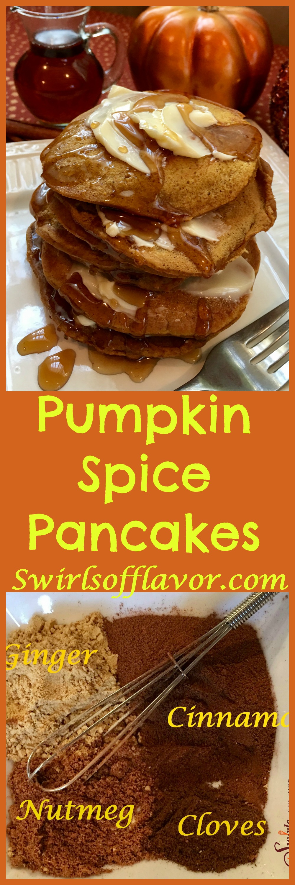 When National Pancake Day meets Pumpkin Spice season Pumpkin Spice Pancakes seasoned with pumpkin puree and pumpkin pie spice are born! Delicious for breakfast or for breakfast for dinner, Pumpkin Spice Pancakes are an easy recipe that's lightened with seltzer! #pancakes #seltzer #pumpkinpiespice #pumpkinpuree #breakfastfordinner #breakfast #easyrecipe #homemadepancakes #hotcakes #flapjacks #swirlsofflavor