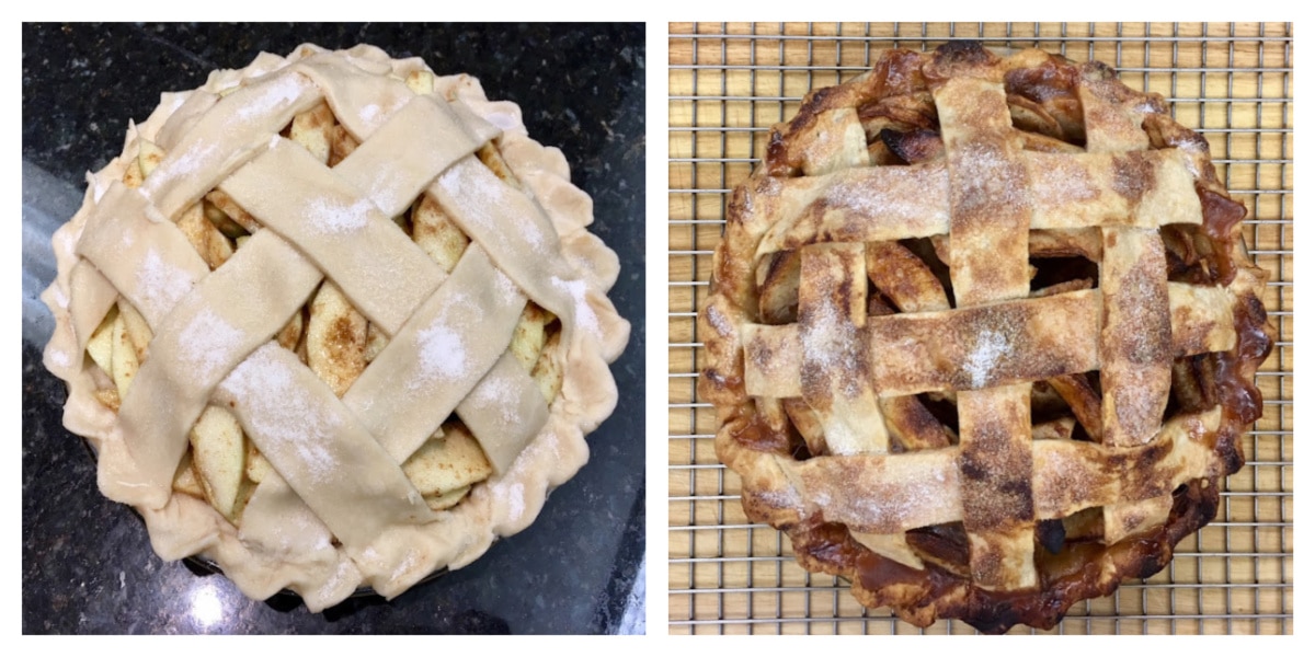 unbaked apple pie and baked apple pie