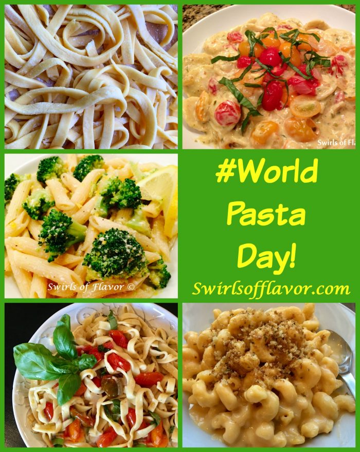 October 25th is World Pasta Day! Swirls of Flavor has lots of pasta recipes for you from Homemade Pasta to Penne & Broccoli, Mac 'N Cheese and more! pasta | homemade pasta | penne | macaroni and cheese | dinner 