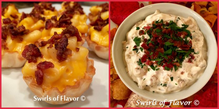 Bacon Mac 'N Cheese Bites and Bacon & Caramelized Onion Dip because everything's better with bacon!