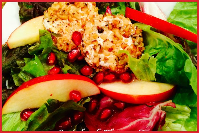 Pomegranate Pear Salad With Walnut Crusted Goat Cheese will impress every time! Perfect for your holiday celebrations!