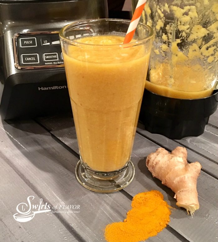 Turmeric Smoothie, golden in color, bursting with fresh fruit flavors and brimming with amazing health benefits is a great way to start your day!. turmeric | ginger | mango | banana | smoothie | healthy | breakfast | drink