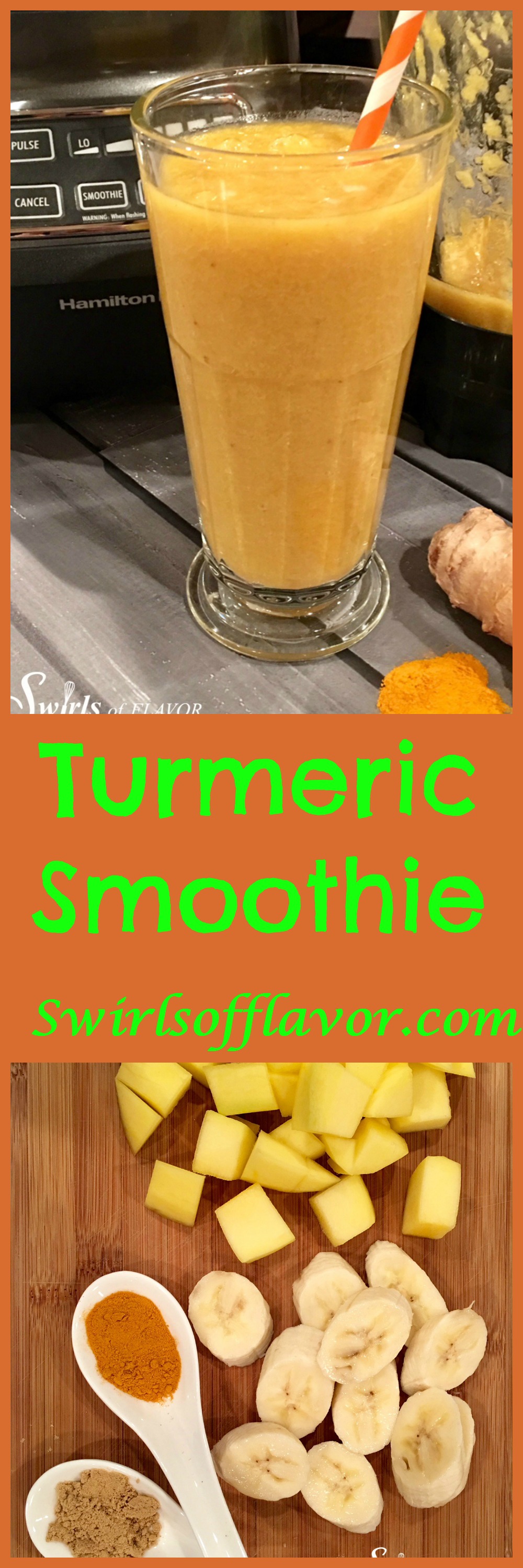 Turmeric Smoothie, golden in color, bursting with fresh fruit flavors and brimming with amazing health benefits, is a great way to start your day!. turmeric | ginger | mango | banana | smoothie | healthy | breakfast | drink | #swirlsofflavor