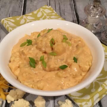 bowl of cauliflower mac and cheese with napkin