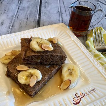 Sheet Pan Banana Bread Pancakes make mornings easier and oh so delicious! Brown sugar, cinnamon and bananas bake in a pancake batter in just minutes! sheet pan | breakfast | banana bread | easy | fun for kids