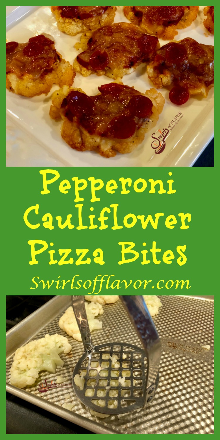 Pepperoni Cauliflower Pizza Bites are the perfect nutritious, delicious and fun appetizer for both adults and kids! Easy to make and fun to eat! pizza | appetizer | cauliflower | cauliflower crust | pepperoni | fun for kids | snacks | recipe | easy | #swirlsofflavor