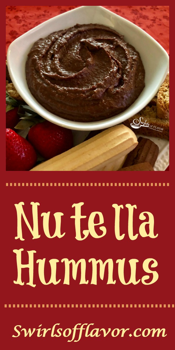 Nutella Hummus combines chickpeas, cocoa powder and hazelnut spread for a protein packed sweet dessert dip that's easy to make and a perfect healthy sweet treat for your next dessert. recipe | easy | dessert | hazelnut | Nutella | hummus | healthy | #swirlsofflavor
