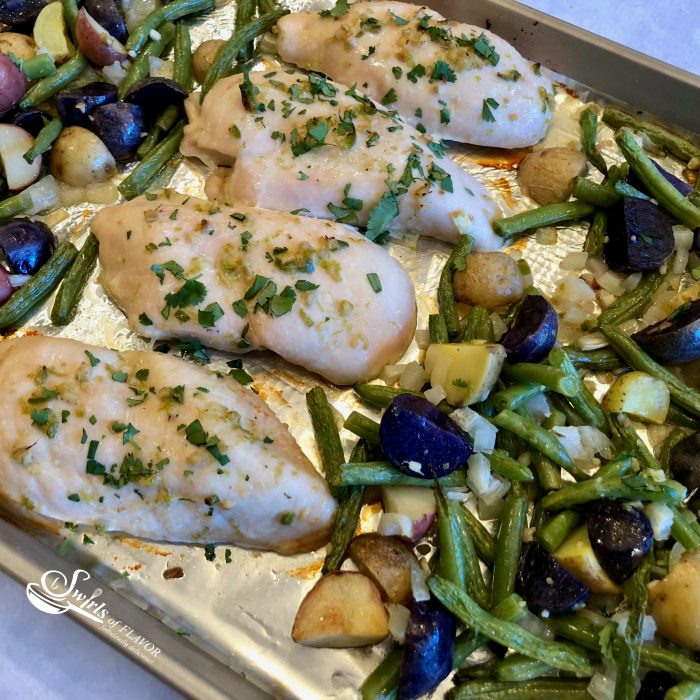 Sheet Pan Jalapeno Lime Chicken Dinner is an easy recipe that cooks together in the oven. Chicken, potatoes and green beans are flavored with zesty jalapeno, fresh ginger and citrus lime! easy dinner | easy recipe | sheet pan | chicken | potatoes | vegetables | green beans | #swirlsofflavo