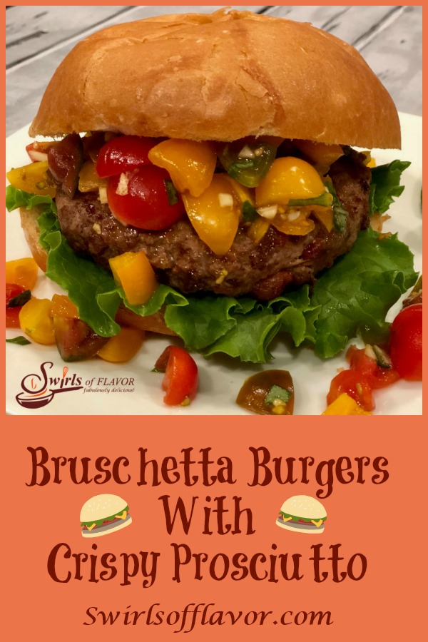 Bruschetta Burgers With Crispy Prosciutto combine ground beef with sundried tomatoes and crispy prosciutto for the most flavorful burgers! Add in a homemade Lemon Basil Aioli and top it all with a Bruschetta Topping bursting with fresh basil, extra virgin olive oil, garlic and beautiful heirloom tomatoes. for a burger recipe for weeknight dinner or entertaining. burger | prosciutto | tomatoes | heirloom tomatoes | easy recipe | grilling | barbecue | #swirlsofflavor