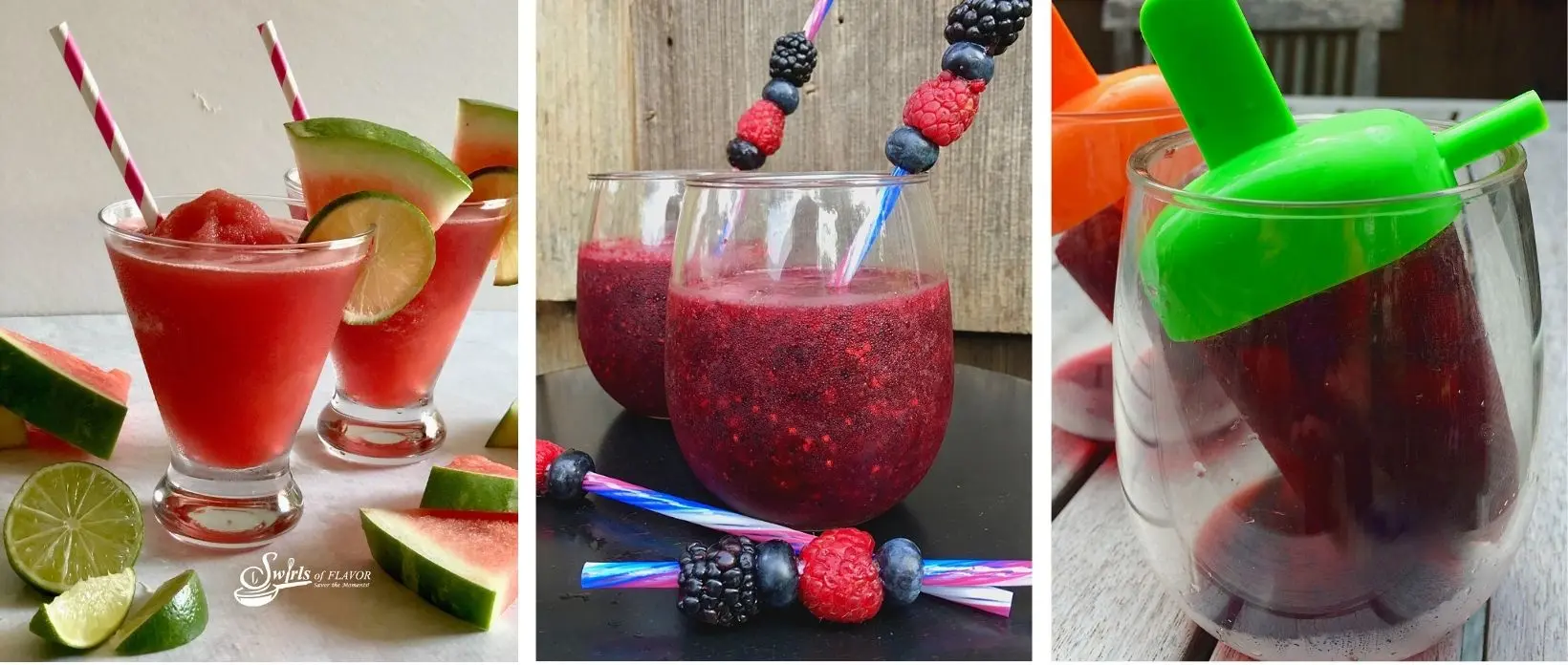 collage of watermelon frose, berry sangria and wine ice pops
