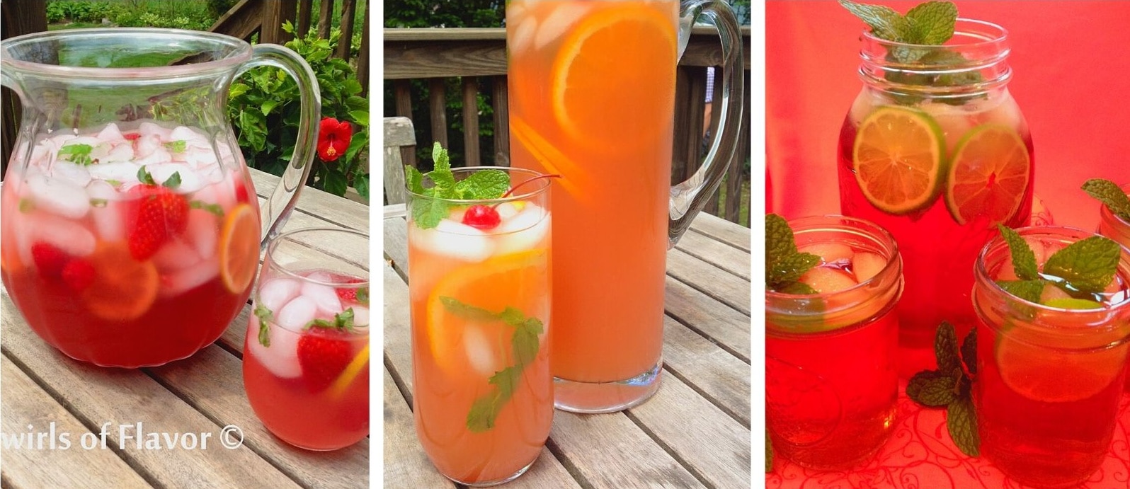 collage of prosecco punch, Belmont jewel punch and mint julep punch