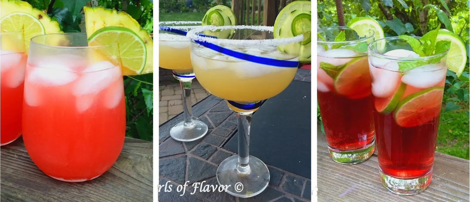 collage of sunset rum cocktail, jalapeno margarita and pomegranate mojito