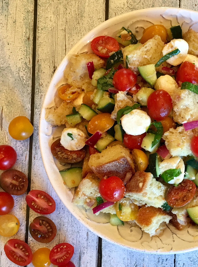 overhead of a bowl of bread salad