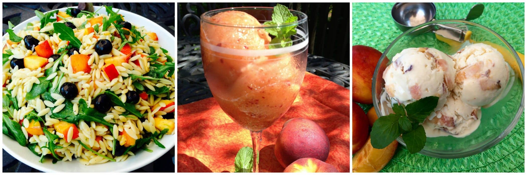 Left to right: Peach orzo; peach sorbet; peach ice cream