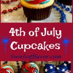 4th of July cupcakes are simple from-scratch vanilla cupcakes topped with a homemade buttercream frosting decorated with red and blue stripes and topped with a cherry. Perfect for your patriotic celebration! easy recipe | dessert | cupcakes vanilla cupcakes | red white and blue frosting | July 4th | Memorial Day | Labor Day | #swirlsofflavor