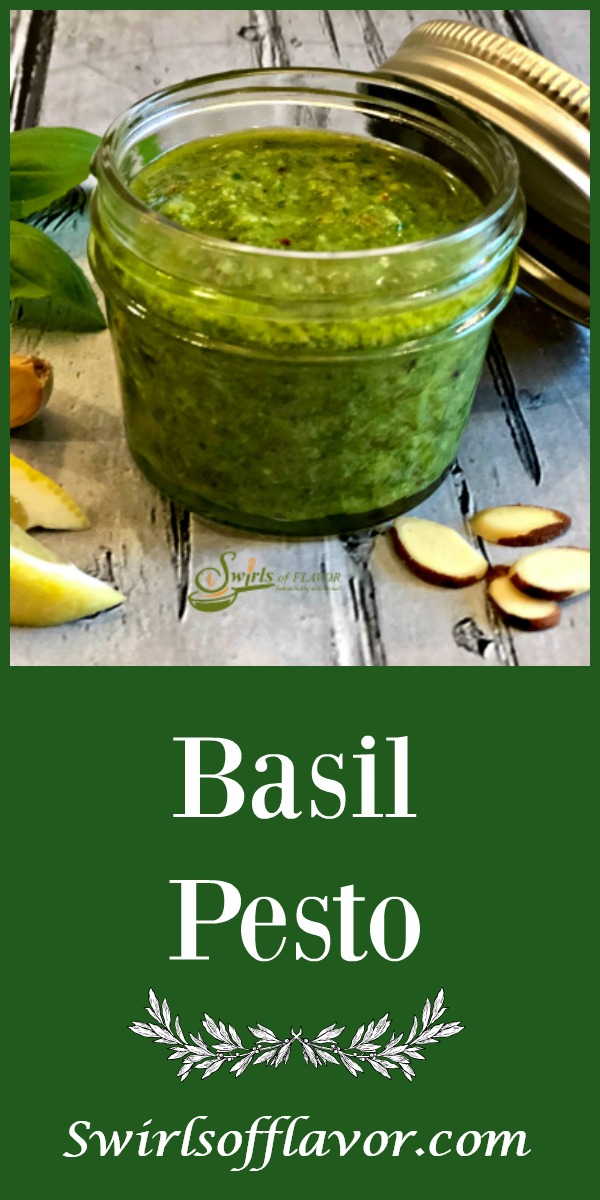 Basil Pesto is bursting with the flavors of extra virgin olive oil, fresh basil leaves from my garden, Parmesan cheese for texture and saltiness, lemon juice and zest for a bright note and the unexpected nuttiness of toasted almonds. #pesto #summer #summerrecipe #easyrecipe #basil #almonds #farmersmarket #swirlsofflavor