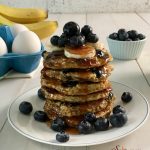 With just four ingredients, you'll happily be making these from-scratch pancakes Gluten-Free Blueberry Pancakes over and over again for breakfast. easy | homemade | pancakes | gluten free | blueberry | banana | breakfast | brunch | #swirlsofflavor