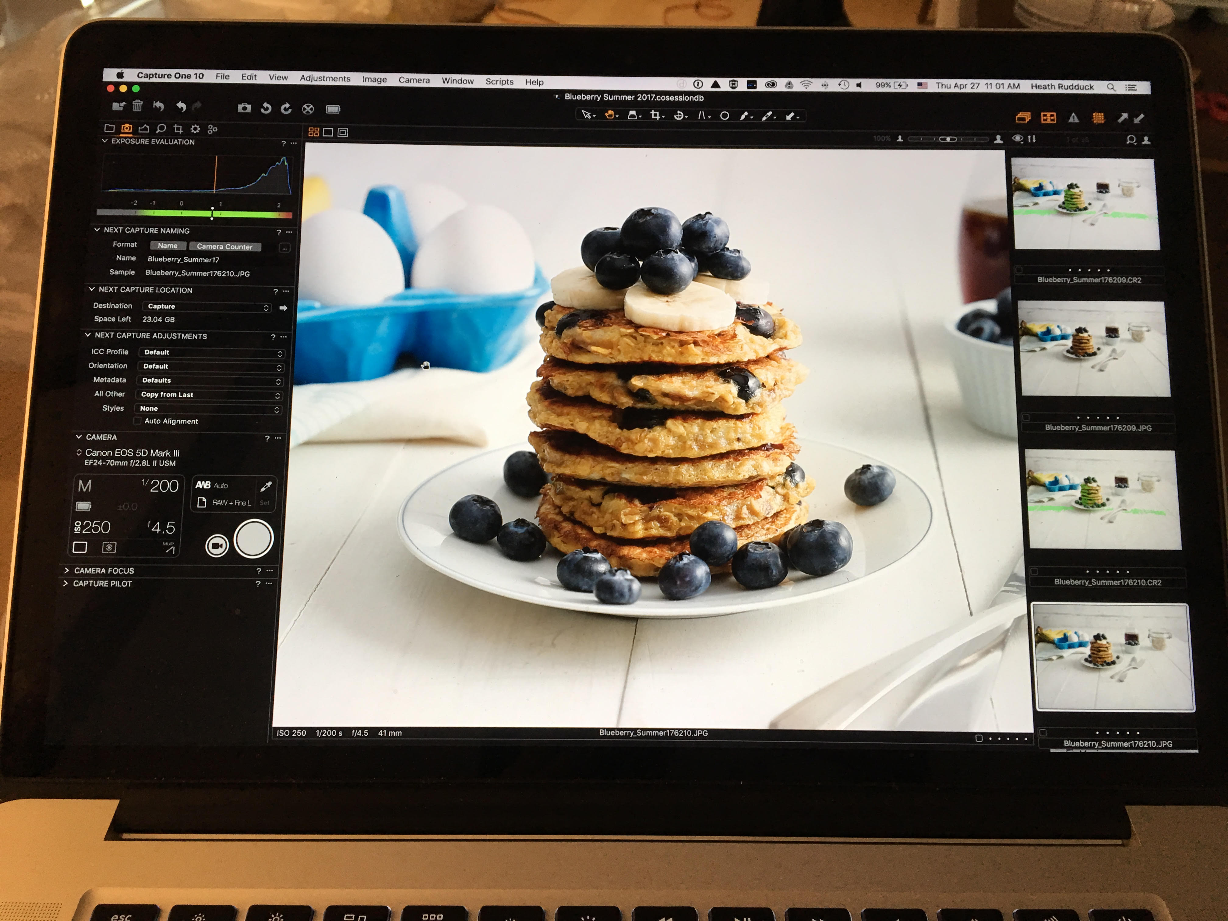 Gluten Free Blueberry Pancakes on the computer monitor at the photo shoot.