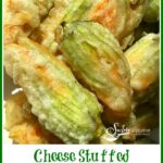 Stuffed Squash Blossoms piled on a plate for pinterest image