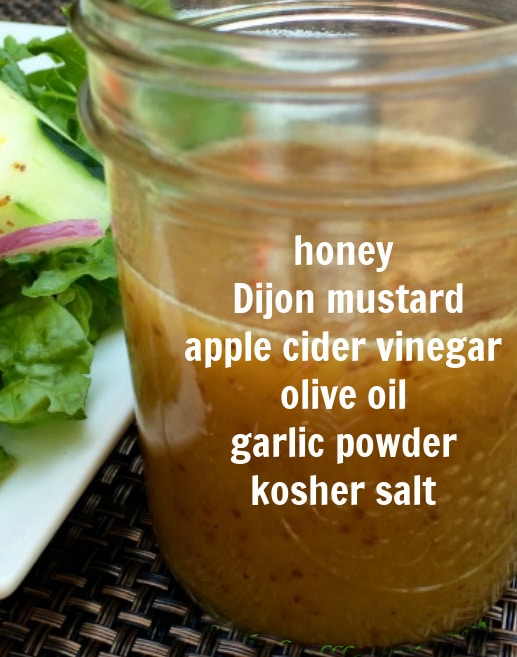 honey mustard salad dressing in jar with text overlay