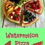 Watermelon Pizza is an easy dessert bursting with fresh summer fruits, mint and lime Greek yogurt! So much fun for kids and healthy too! #easydessert #berries #summerfruit #watermelon #fruitpizza #funforkids #swirlsofflavor