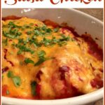 chicken with cheese and salsa and text overlay