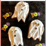 ghost brownies with sugar eyes and chocolate chip mouth and text overlay