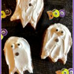 three ghost shaped brownies with text overlay