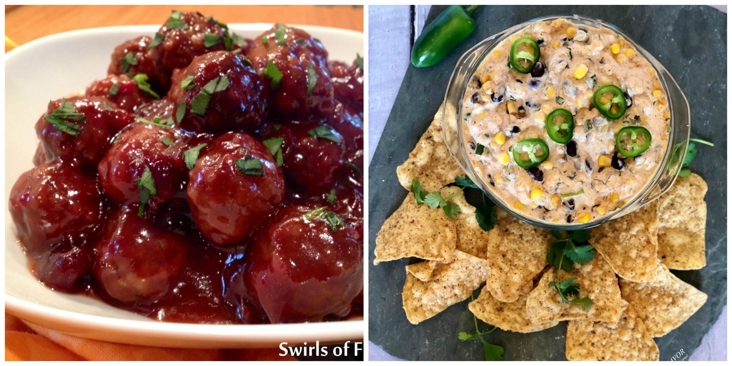 Cranberry meatballs and Black Bean Corn Dip