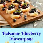 Balsamic Blueberry Mascarpone Crostinis is a quick and easy appetizer recipe. Perfect for last minute entertaining, toasts are topped with a sweet and tangy mascarpone cheese and a blueberry compote with hints of balsamic vinegar and fresh basil, a delicious flavor combination. #appetizer #entertaining #holiday #newyearseve #christmas #summer #blueberry #balsamicvinegar #cheese #easyrecipe #swirlsofflavor