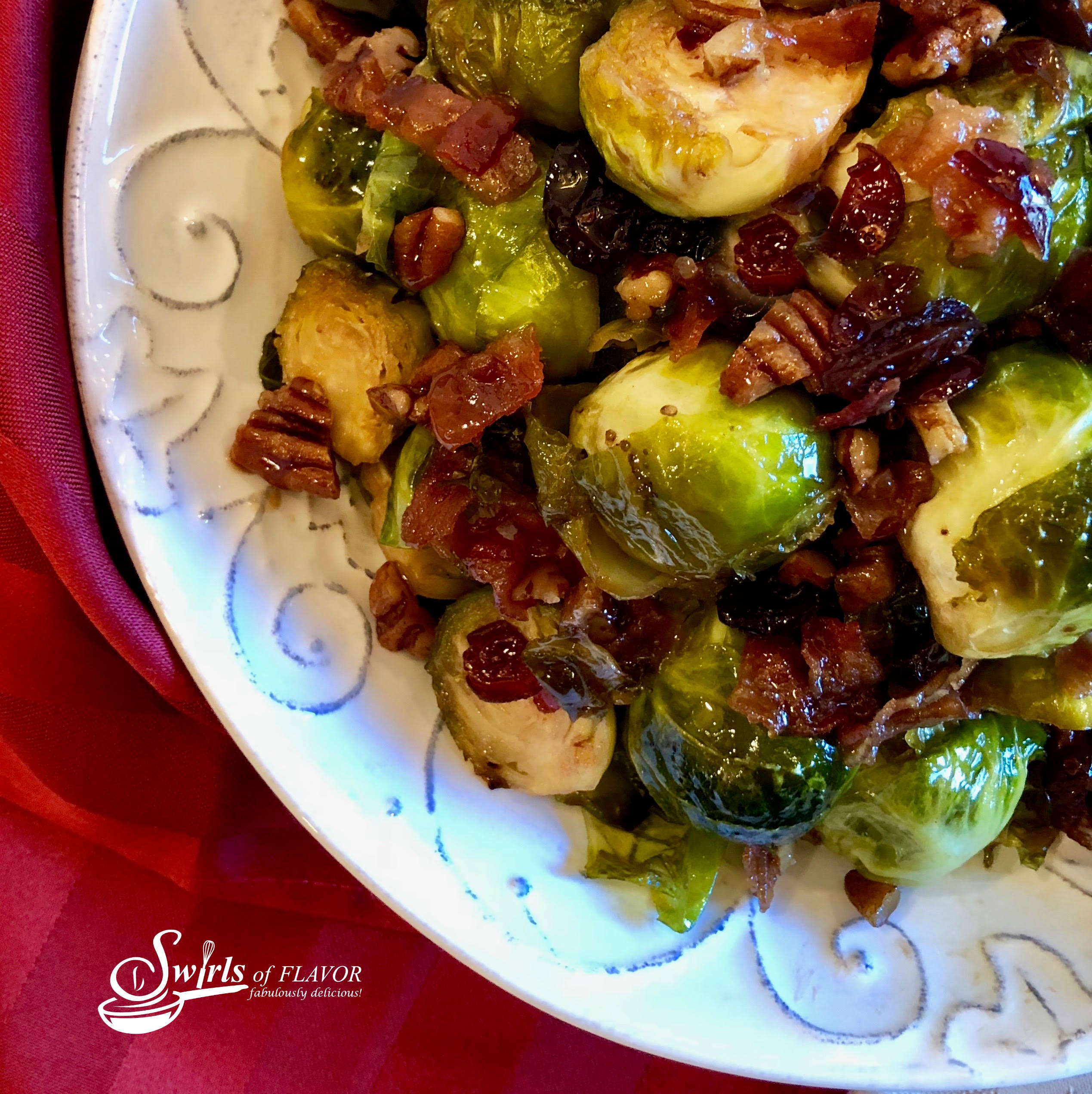 close up of brussel sprouts with bacon and pecans