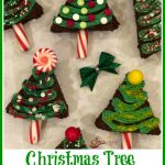 overhead picture of brownies made into Christmas trees with frosting and candy and text overlay