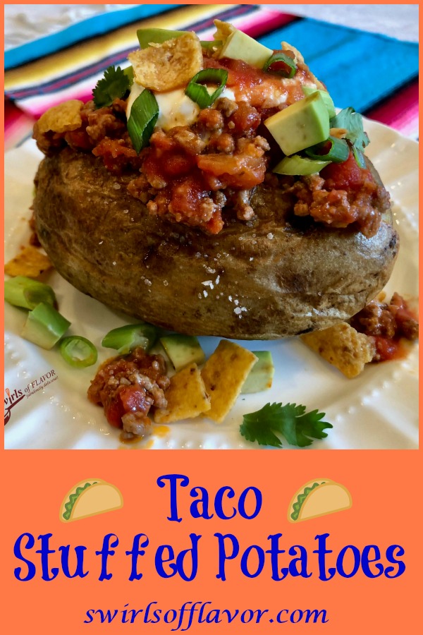 Change up Taco Tuesday with Taco Stuffed Potatoes, a twist on the traditional taco. Tender fluffy potatoes are topped with a saucy beef mixture, your favorite taco toppings and a surprise crunch of corn chips! Ready in just 25 minutes, Taco Tuesday just got a facelift! #tacotuesday #tacothursday #tacos #bakedpotatoes #tacopotatoes #groundbeef #rotel #easyrecipe #familyfavorite #stovetop #cornchips #swirlsofflavor