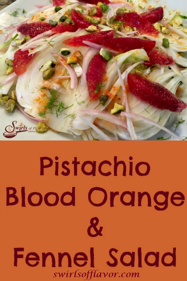 Pistachio Blood Orange & Fennel Salad is an easy salad recipe that's both refreshing and seasonal with citrus ingredients. Blood oranges flavor the citrus vinaigrette and are a bright addition to the pistachios and fennel salad. An easy recipe for a salad that can also be Whole30 with just one simple substitution. #salad #bloodorange #fennel #Whole30 #easyrecipe #saladrecipe #wintersalad #sidedish #swirlsofflavor