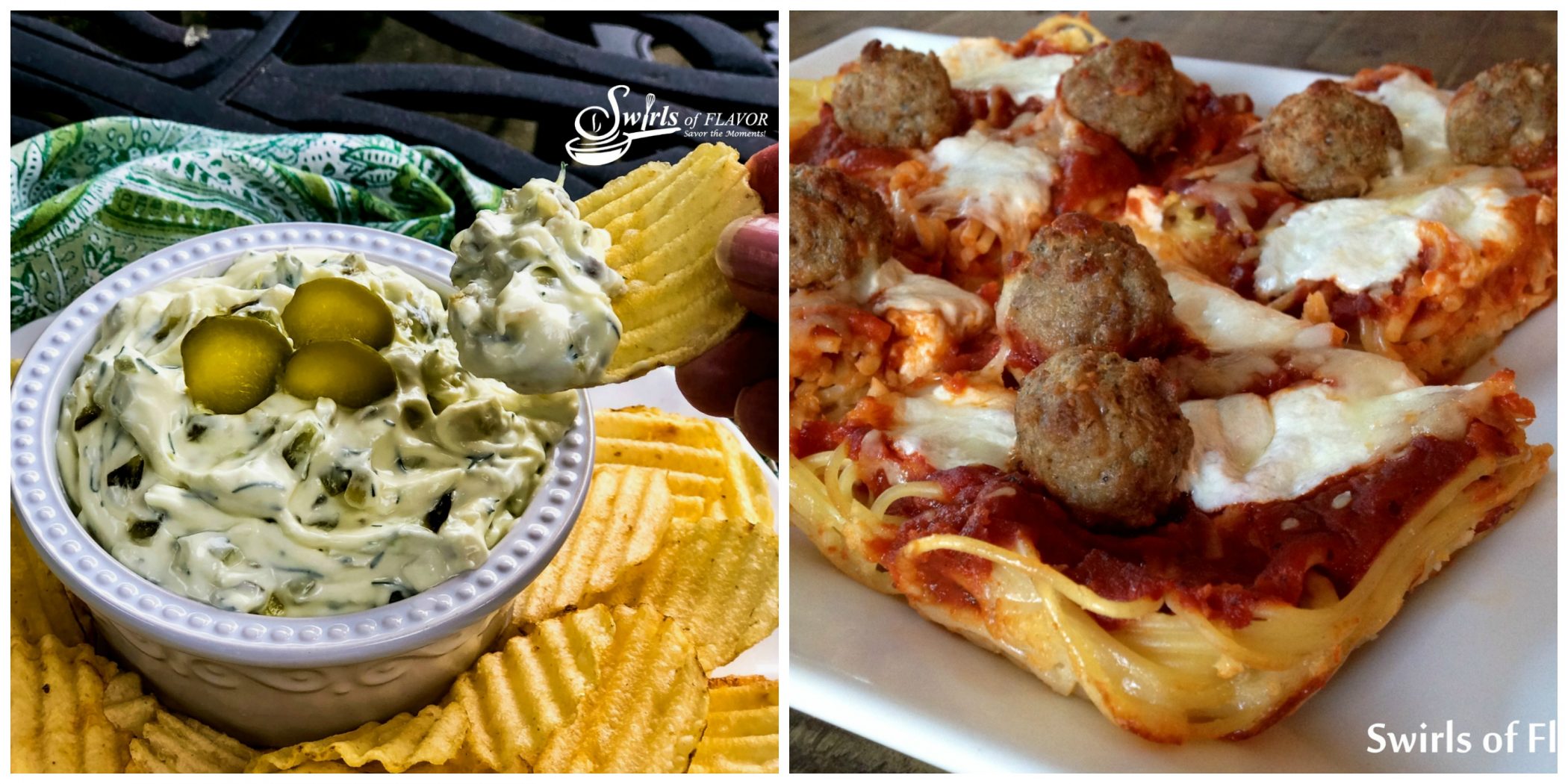 Dill PIckle Dip and Spaghetti and Meatball Pizza
