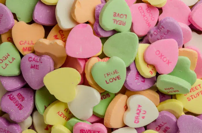 pile of conversation hearts candy