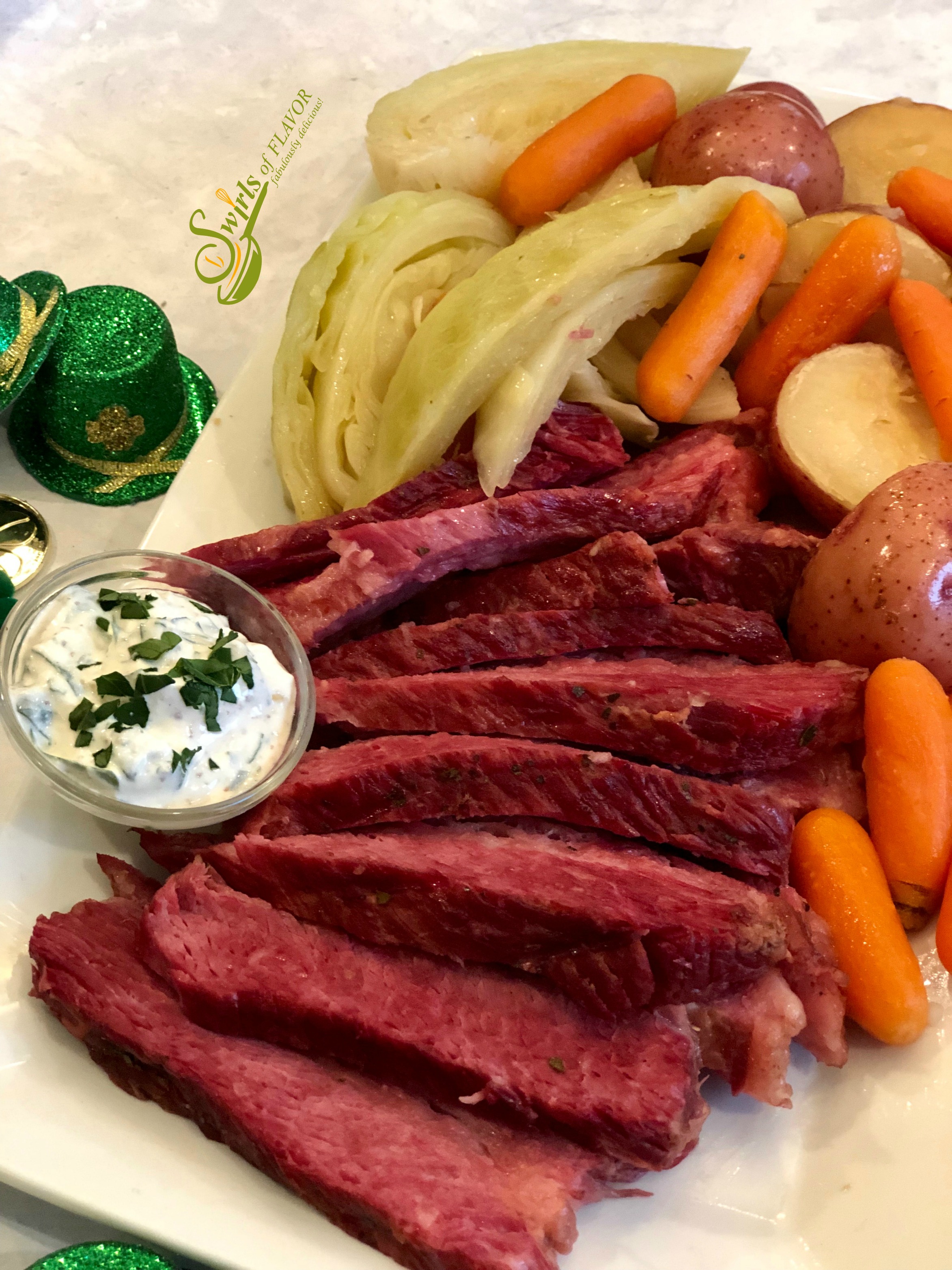 instant pot corned beef and cabbage with horseradish Dijon cream sauce in small bowl