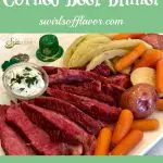 corned beef and cabbage dinner with text overlay