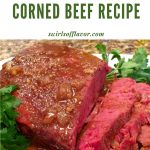 slow cooker corned beef with slices, Guinness and text overlay