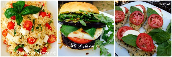 Quinoa Caprese, Eggplant Caprese Sandwich and Baked Panko Chicken Caprese