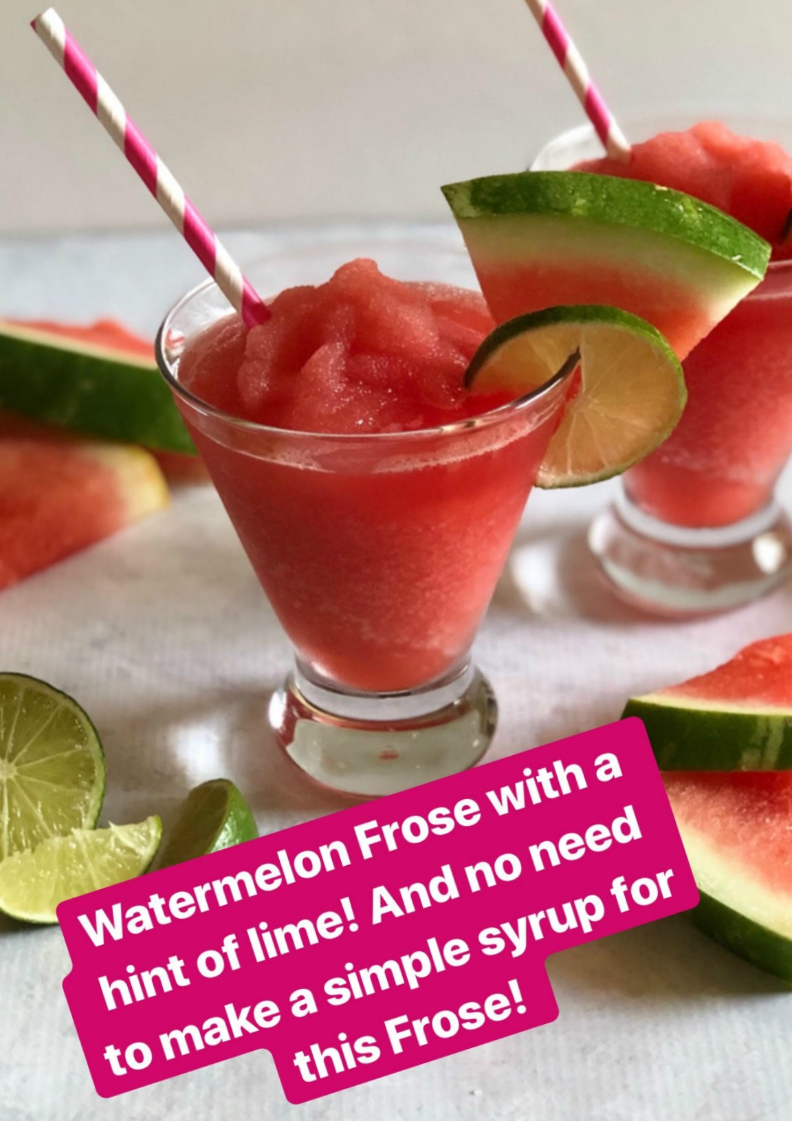 frozen watermelon cocktail in stemless martini glasses