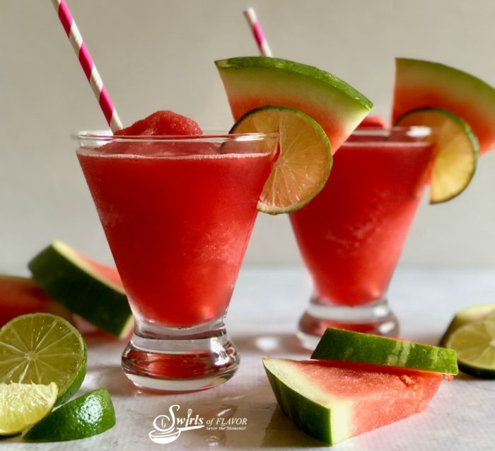 watermelon frose with lime in glasses with straws