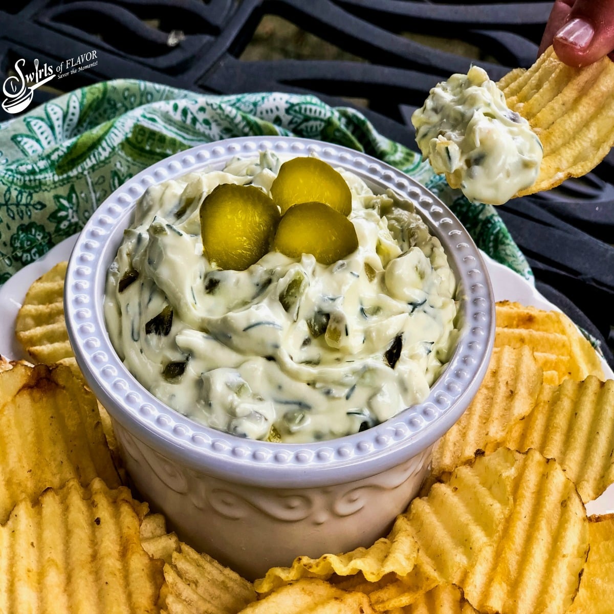 Dill pickle dip with potato chip